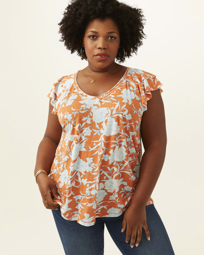 Front of 5'9" model wearing a plus size Marina Flutter Sleeve Top in Orange / Light Blue by Philosophy. | dia_product_style_image_id:274249